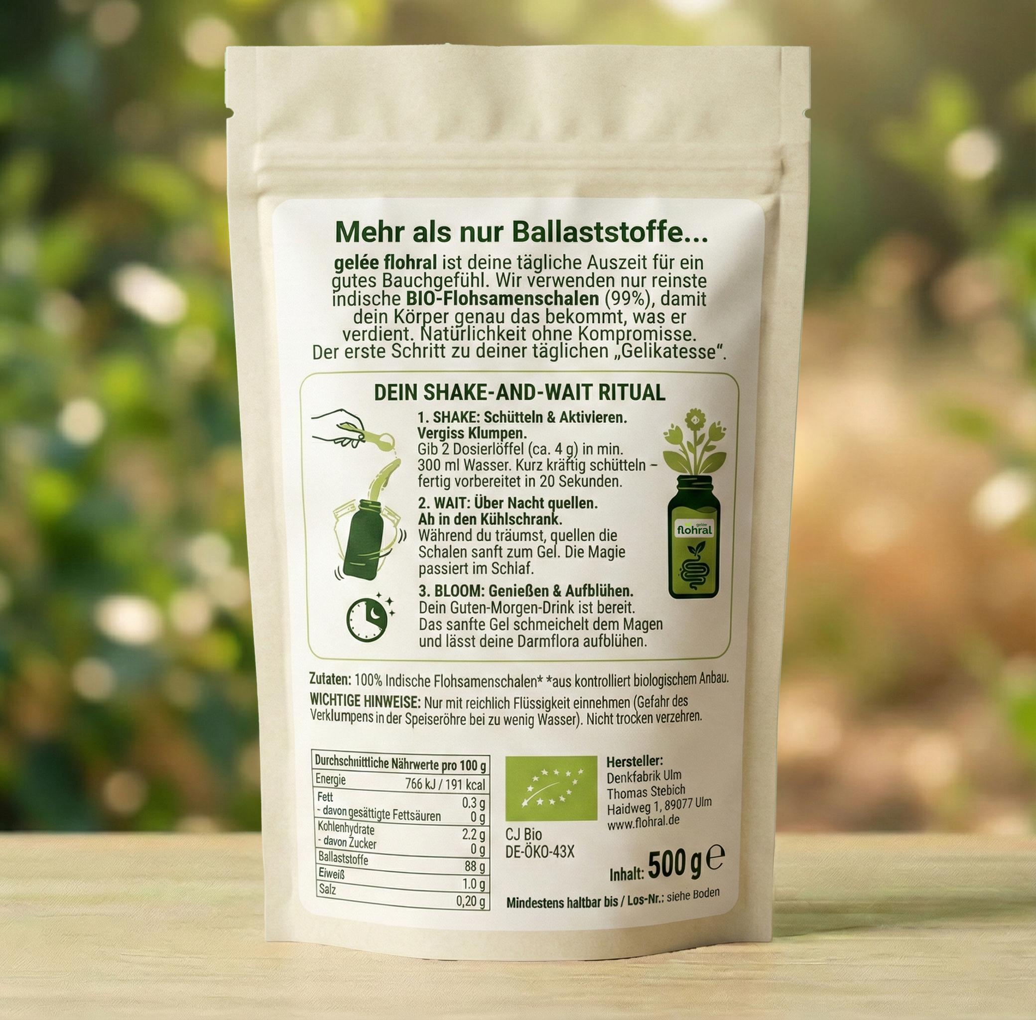 Rückseite der Verpackung flohral PUR mit Nährwerten, Anwendungshinweisen und Bio-Siegel