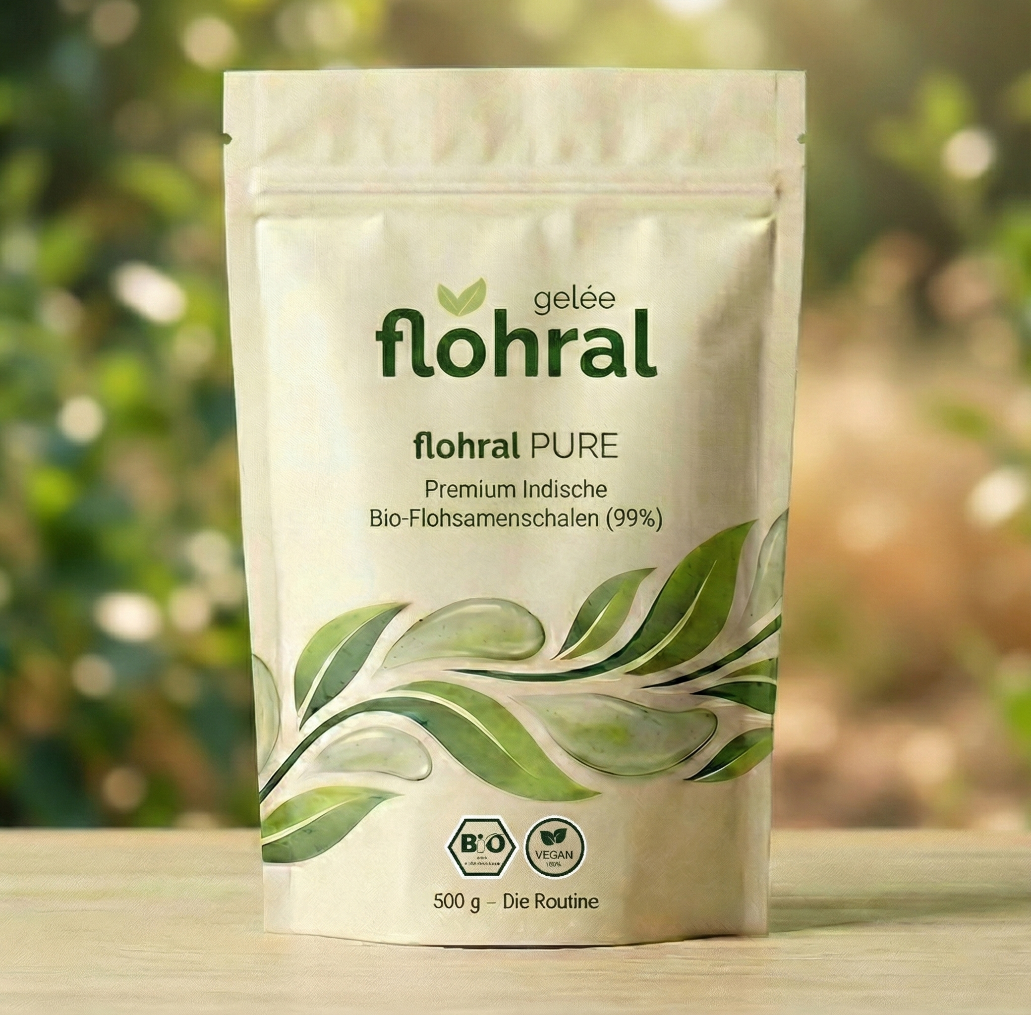 Vorderseite der Verpackung von gelee flohral PUR – Indische Bio Flohsamenschalen mit 99% Reinheit